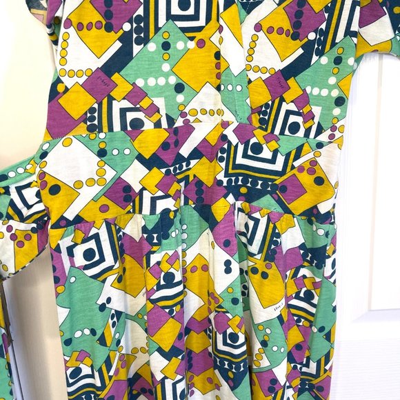 Geometric Printed Jersey Belted Short Sleeve Y2K Dress S - Picture 7 of 8